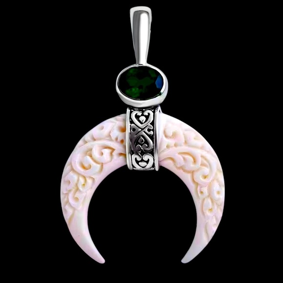 Hand Carved Bone Crescent Moon Sterling Silver Natural Chrome Diopside Pendant - Picture 2 of 5